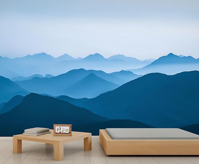 KIREUPA Minimalist Blues Mountain Wall Mural, Misty Layered Hills 3d Wall Murals, Serene Misty Mountains Wallpaper Mural, for Living Room Bedroom Large Wallpaper Indoor Decor 59" W x39.4 H