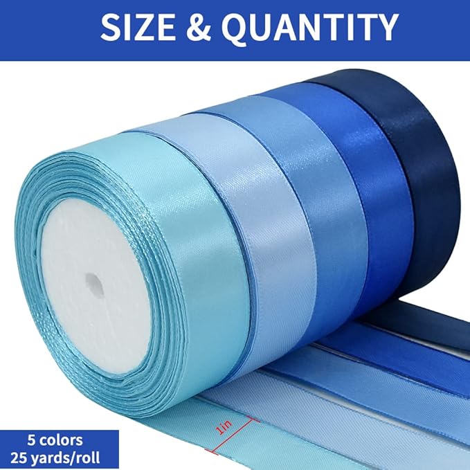 TONIFUL 1 Inch x 125 Yards 5 Colors Satin Ribbon Rolls, Mixed Blue Color Set Fabric Ribbon for Gift Wrapping Embellish Wedding Birthday Party Decoration Bow Making Floral Craft Sewing（Blue）
