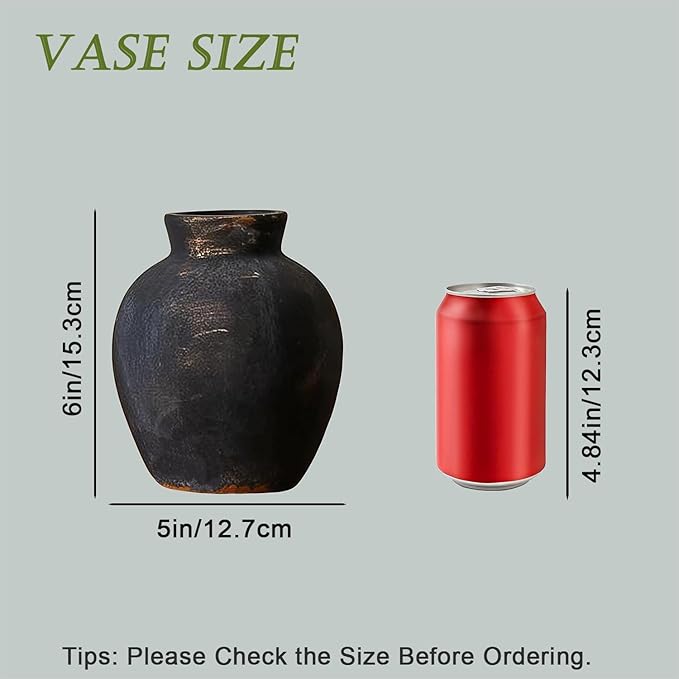 Ceramic Vase, 6 inch Minimalist Rustic Farmhouse Terracotta Vase for Home Decor, Table, Living Room, Entryway, Shelf, Mantel Decoration (Black)