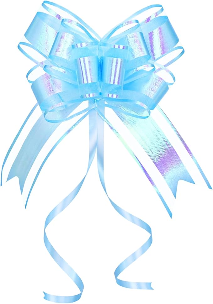 Present Bows for Gifts, Iridescent Blue Pull Bow for Baskets, Flower Bouquet, Paper, Gift Bag, Box, Baby Showers, Hanukkah(6 inches, 10PCS)