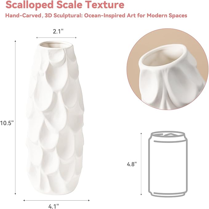 Scalloped Scale Vase - White Matte Ceramic with Textured Sculptural Design, 10.5" Unique Flower Vase for Pampas Grass/Centerpieces,Decorative Boho Vase for Living Room/Office,Ideal Gift for Art Lovers