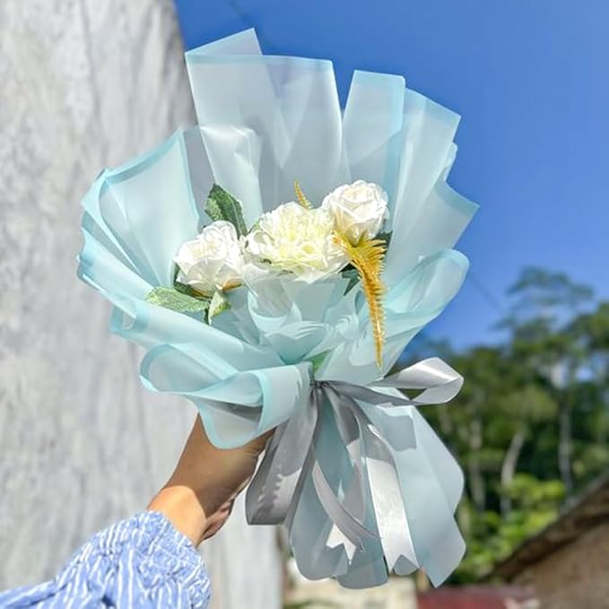WRAPAHOLIC 20 Sheets Flower Wrapping Paper - 22.4 x 22.4 inch Light Blue Border Water-Resistant Floral Bouquet Wrapping Paper, Florist Supplies Packaging Paper for Wedding Birthday Gift DIY