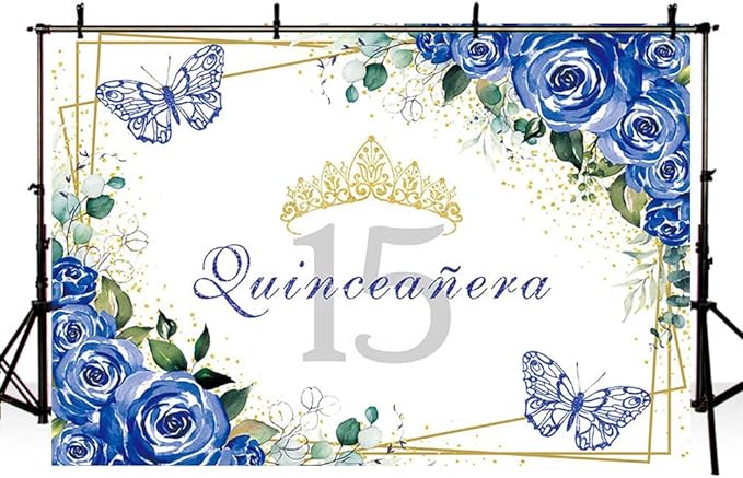 SENDY 10x7ft Quinceañera Backdrop Mis Quince 15 Anos Birthday Party Decoration Supplies for Girl Princess Royal Blue Floral Butterfly Gold Crown Photography Background Banner Photo Booth Studio Props