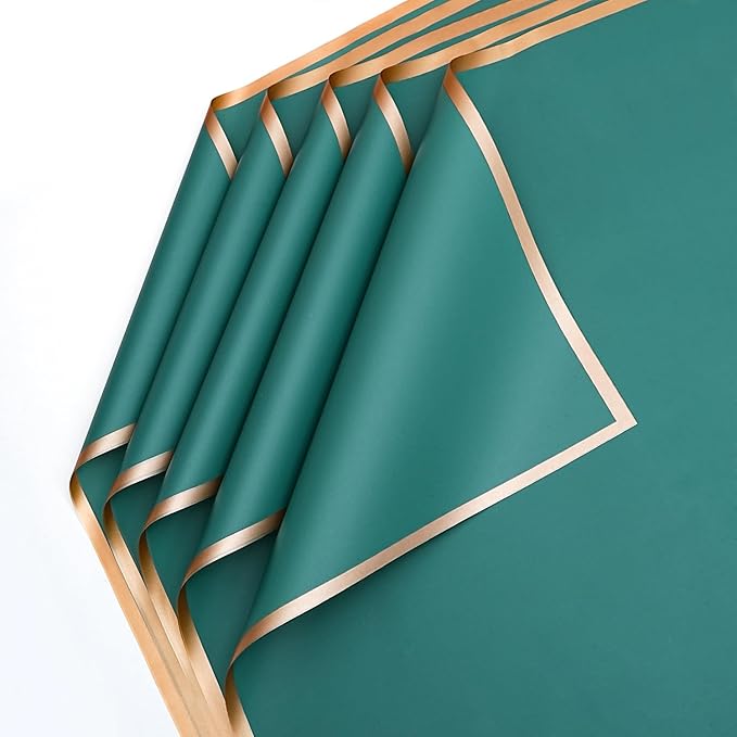 30 Sheets Emerald Green Gold Edge Flower Bouquet Wrapping Paper，Florist Supplies Waterproof Floral Bouquet Wrapping Paper Bouquet Accessorie，Flower Shop Packaging Pape for DIY Gift Wedding Birthday