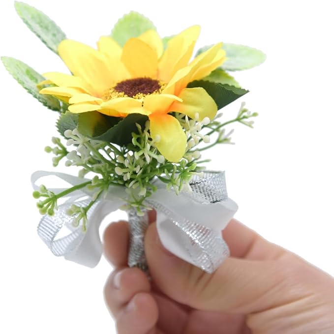 Sunflower Boutonniere Groom Boutonniere Man Buttonholes Bride Corsage Maid of Honor Gift Groom Gifts Wedding Boutineer with Pin Artificial Yellow Silk Flower Decor (White,Pack of 8)