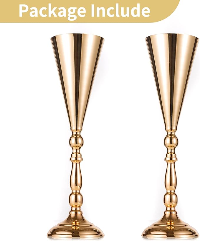 2 Pcs Tabletop Metal Wedding Flower Trumpet Vase, 16.5 inch Tall Table Decorative Centerpiece, Artificial Flower Arrangements for Anniversary Ceremony Party Birthday Event Aisle Home Decoration (Gold)