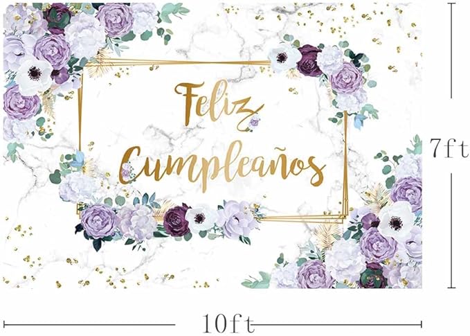 MEHOFOND 10x7ft Feliz cumpleaños Backdrop Purple and White Flower Birthday Photography Background Girl Geometric Gold Glitter Dots Birthday Floral Party Decorations Cake Smash Decor Studio Photo Props
