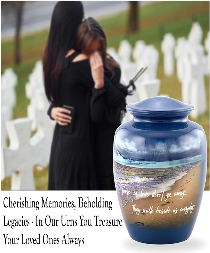 Footprints Cremation Urn - Ocean Blue Memorial Urn with Beach & Waves – Full-Size Handcrafted Metal Funeral Urns for Men & Women’s Ashes (Up to 210 lbs) – A Beautiful Tribute for Ocean Lovers