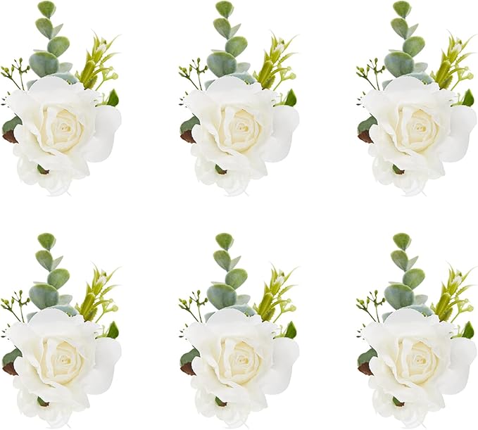 Meldel White Ivory Rose Wrist Corsage, Set of 6, Wedding Bridal Flower Corsage Hand Decor for Prom Party Homecoming, Wristband Flowers Bride, Bridesmaid, Girl
