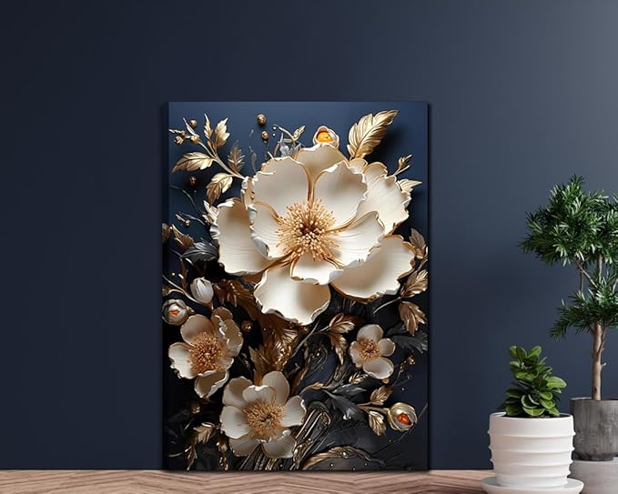 3D Abstract Flower Canvas Wall Art White Floral Texture Poster Prints Serene Blossoms Wall decor pictures for Bedroom and Bathroom Home Decorations Framed(16inx24in Canvas)