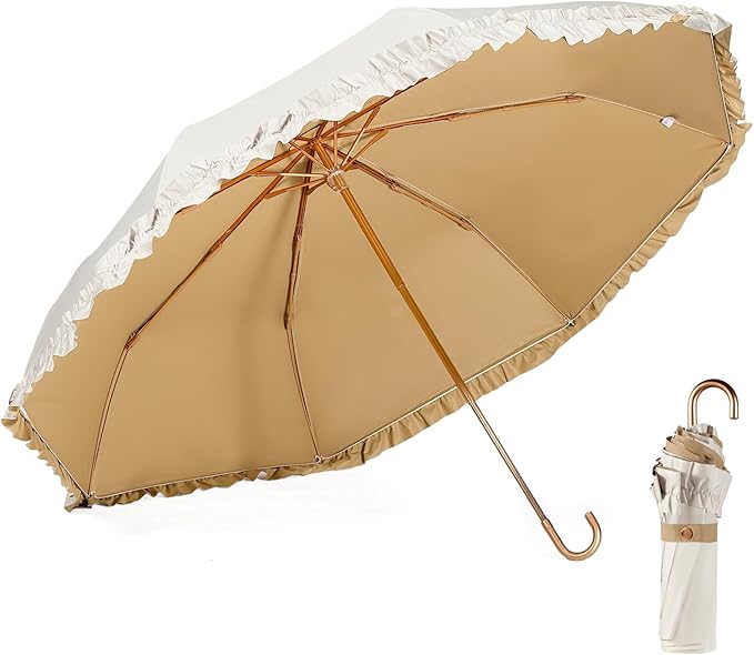 LCY Floral Edge Compact Umbrella Folding Anti-UV Parasol with Hook Handle Sunproof Rainproof & Windproof Umbrella