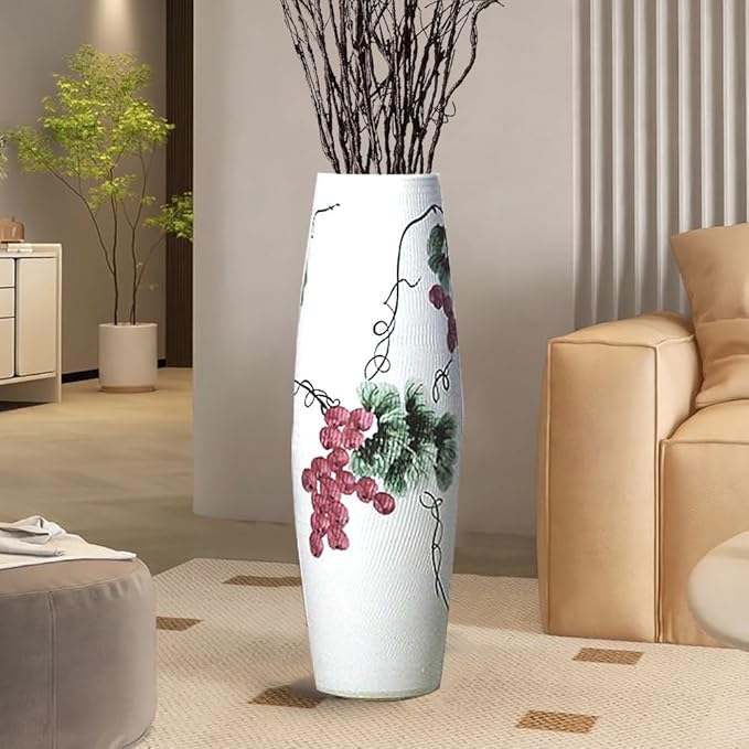 Tall White Floor Vase 32 inches, Thick Ceramic Rustic Vases Large for Home Decor Living Room, Painting Geen Grape Decorative Vases Wide Mouth Opening Corner Vase for Pampas Grass