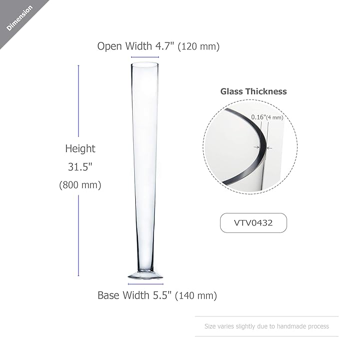 WGV Trumpet Glass Vase Bulk, Open 5", Height 31.5", (Multiple Sizes Choices) Clear Tall Pilsner Floral Planter Container Centerpiece, Wedding Event Home Decor, 4 Pieces (VTV0432)