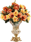 Artificial Flowers in Vase Set – Retro European Style Golden Crystal Glass Vase with Orange Faux Flowers, Carved Decorative Centerpiece for Table, Entryway, or Living Room