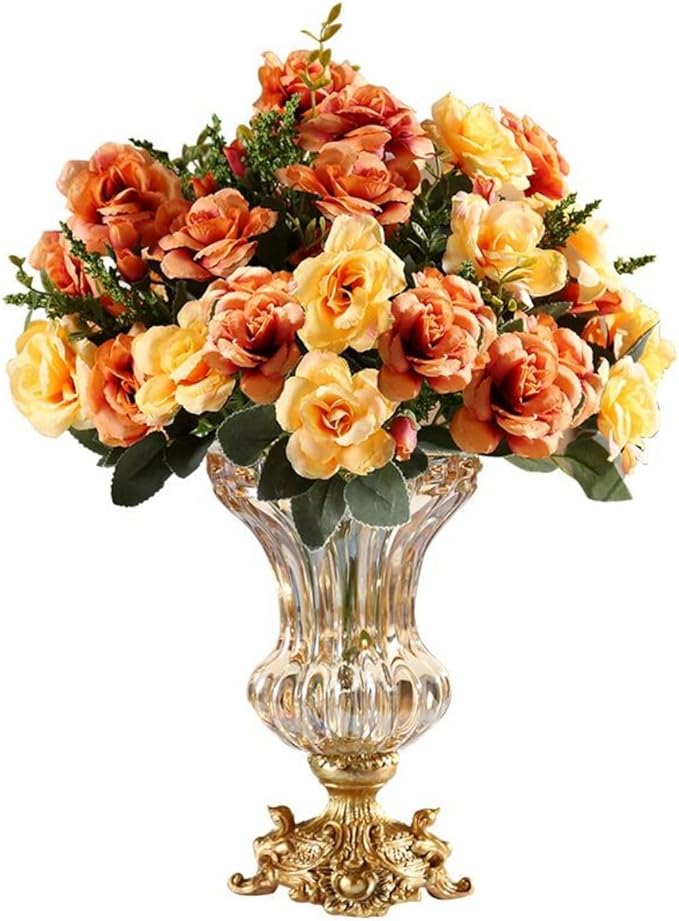 Artificial Flowers in Vase Set – Retro European Style Golden Crystal Glass Vase with Orange Faux Flowers, Carved Decorative Centerpiece for Table, Entryway, or Living Room