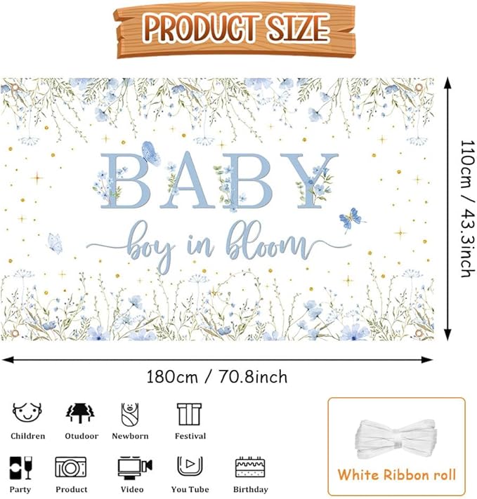 Baby Boy in Bloom Backdrop for Boys Wildflower Baby in Bloom Baby Shower Decorations Banner Blue Floral Photography Background Cake Table Decor Supplies Photo Booth Prop 70.8 x 43.3 inch