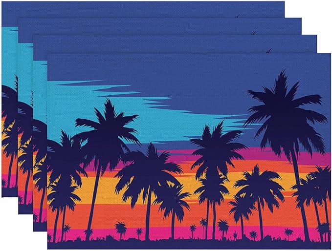 Placemats Set of 4 Palm Tree Orange Sunset Place Mats Washable Table Dinner Mats Linen Table Mats for Kitchen Dining Party Home Kitchen Decor 12x18 Inch