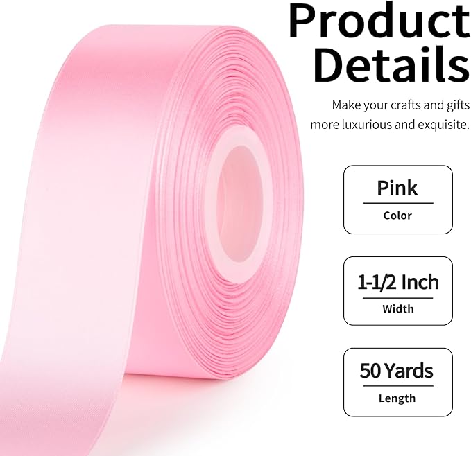 1-1/2 Inch Wide Pink Satin Ribbon, 50 Yards Solid Polyester Fabric Ribbon for Roses Making, Gift Wrapping, Christmas, Wedding Decorations, Crafts, Bows, Flower Bouquets
