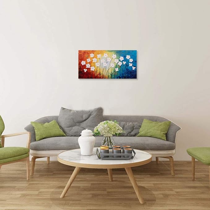 Yihui Arts Hand Painted Textured Flower Canvas Art: Rainbow Hues White Blossoms Abstract Wall Decor for Living Room, Bedroom & Office