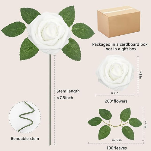200PCS Artificial Flowers White Roses Real Looking Foam Fake Roses with Leaves and for DIY Wedding Bouquets Bridal Shower Centerpieces Party Decorations (White, 200)