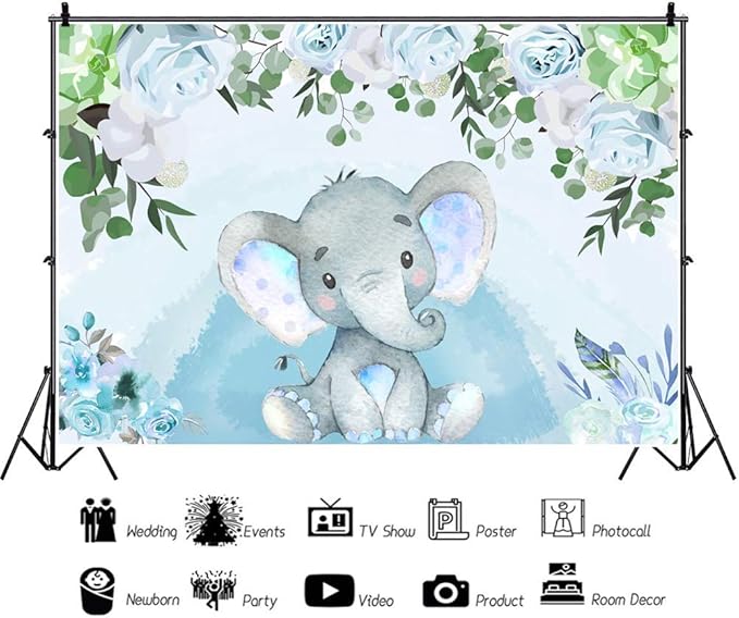 AOFOTO Flowers Baby Elephant Backdrop Light Blue 15x10ft Boy Gender Reveal Party Decorations Sweet Floral Baby Shower Photo Shoot Background for Photography Kids Child Birthday Photo Studio Props