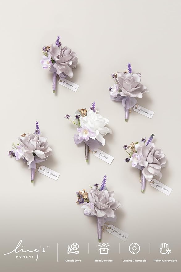 Ling's moment Boutonniere for Men, 6pcs Groom Groomsmen Boutonniere, Artificial Flowers for Wedding Decor/Prom/Homecoming, etc.Purple Lilac Lavender