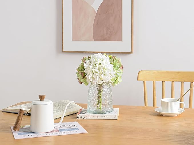 Wracra Hydrangeas Floral Arrangement in Glass Vase, Fake Flowers Silk Hydrangea Artificial Flowers with Vase for Home Office Decoration, Dining Table Centerpiece(Green)