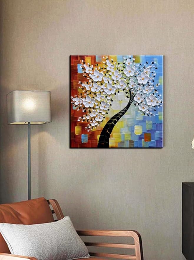 YaSheng Art -3D handmade paintings textured wall art Oil Painting On Canvas white Flowers Paintings Modern Home living room Wall Art Abstract canvas art picture Ready to hang 30x30inch