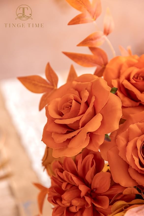 TINGE TIME Artificial Flowers Combo Box Set 16PCS Fake Rose Silk Flower with Stem for DIY Wedding Bouquets Centerpieces Baby Shower Party Home Fall Decoration (Orange)