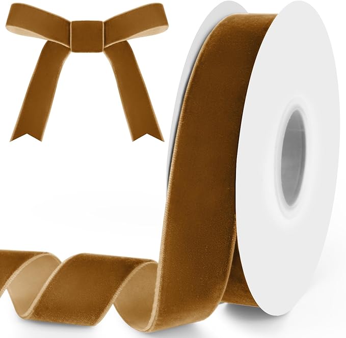 1" Wide x 10 Yards Velvet Ribbon, Vintage Single Face Velvet Ribbons for Gift Wrapping, Christmas Wrapping Bows, Wedding Decor, Sewing and More (Khaki)