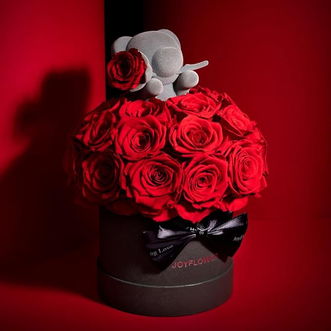 JoyFlower Preserved Real Rose in Acrylic Box, Forever Flowers Red Rose Bear Gift for Women Wife Girlfriend Mom Grandma, Eternal Rose Gifts for Birthday, Anniversary, Christmas, Valentines Mothers Day