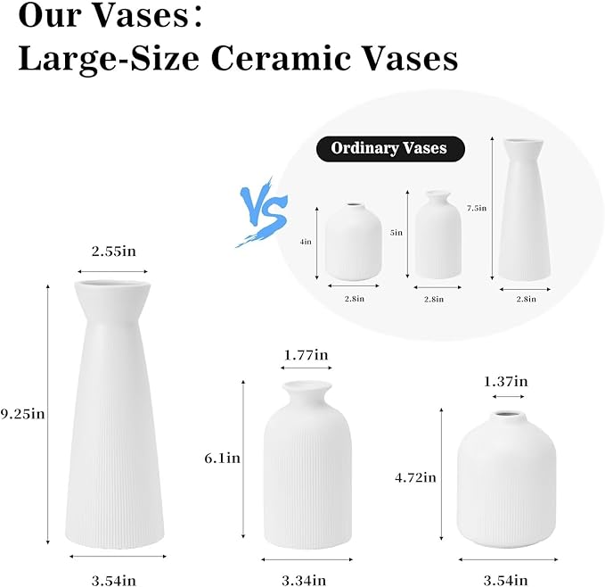 Christmas White Ceramic Flower Vases Set of 3, Large Xmas Gift Vases with Vertical Stripe Texture, Modern Decorative Vases for Dried Flowers, Home Decor for Living Room Bedroom Kitchen Shelf