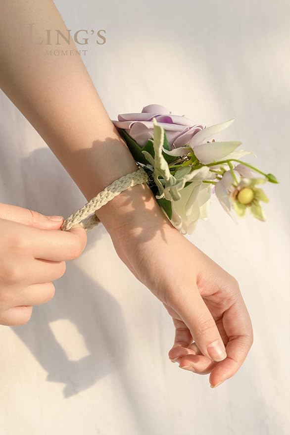 Ling's moment 6pcs Wedding Wrist Corsage Artificial Flowers, Girl/Mother Homecoming Prom Corsages Wristlet Décor, etc. Lilac Lavender Purple
