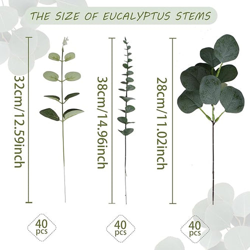 120 Pcs 3 Kinds Mixed Artificial Eucalyptus Leaves Stems Fake Silver Dollar Eucalyptus Leaves Stem Bulk Faux Leaf for DIY Bouquets Floral Arrangement Wedding Home Decor