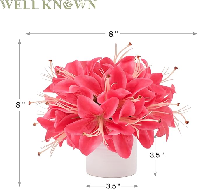 Artificial Flowers in Vase, Fake Lily Flowers with White Ceramic Vase, Small Potted Faux Floral Arrangements for Home Desk Kitchen Lavatory Coffee Tea Wedding Table Centerpiece Decor (Hot Pink)