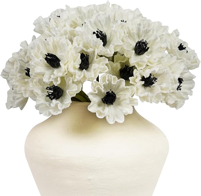 Melorca&Guilla Artificial Flowers,24Pcs 13.5inch White Poppy Fake Flowers,Real Touch Faux Flowers, Spring Décor Fake Silk Flowers for Wedding Kitchen Shop Office Home Décor (24, White Cornpoppy)
