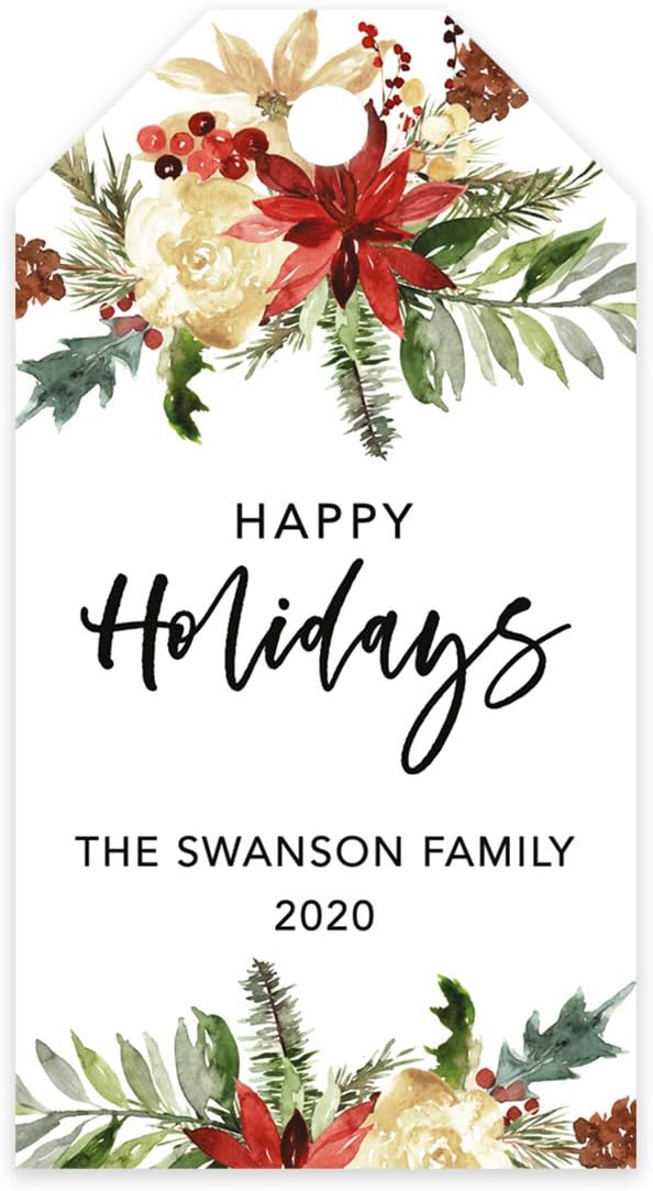 Andaz Press Personalized Classic Gift Tags, Custom Family Name and Year, Christmas Florals Design, Happy Holidays Tags, 60-Pack