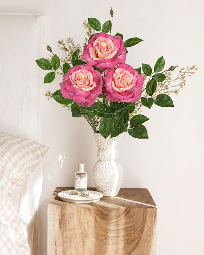 Hollyone 3Pcs Pink Roses Artificial Flowers Bouquets 26.3" Fake Flower Arrangements Silk Flowers Rose with Long Stem Floral Branch Faux Roses Flowers DIY Wedding Party Table Centerpieces Home Decor