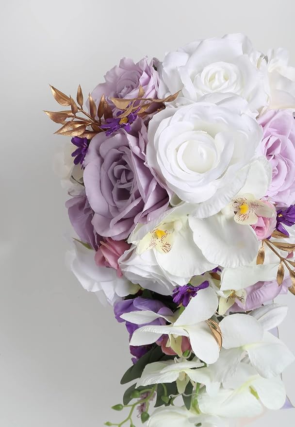 Bridal Bouquets for Bride, 11 Inch Artificial Flowers Bridal Bouquet Cascading Wedding Bouquets for Bride for Wedding Ceremony and Anniversary(White Purple)