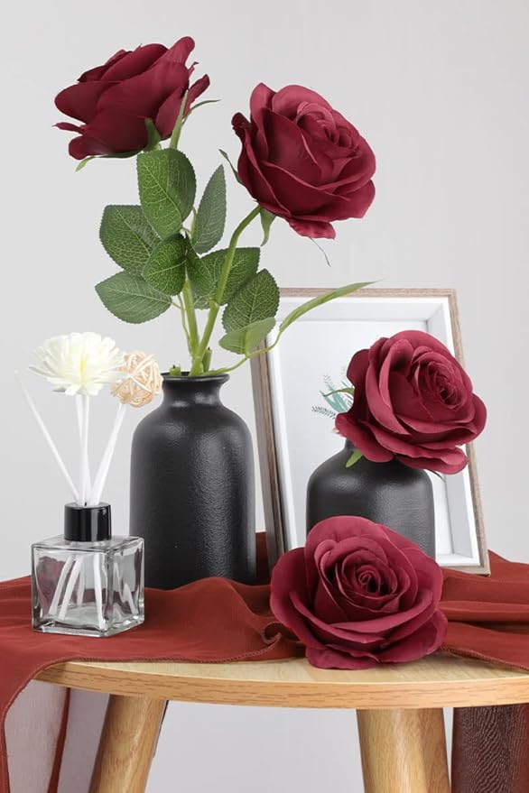 50pcs Roses Artificial Flowers Fake Flowers with Long Stems Burgundy Silk Flowers for Wedding Bouquet Centerpices Decorations Party Bridal Baby Shower Home Decor