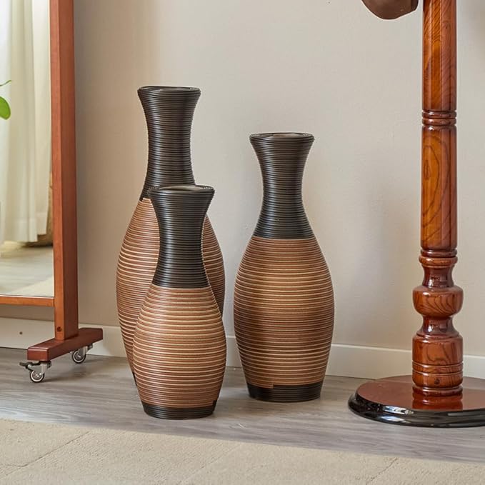 Floor PVC Decorated Vases Set of 3 for Gorgeous Home Decoration Large Classic PVC Vases 19.6in/23.6in/27.5in Height(Grey+Brown)