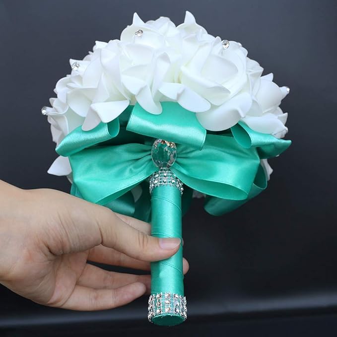 Wedding Bouquet, Green Bouquet for Bride Bridesmaid with Diamond Soft Ribbons, Artificial Rose Bridal Holding Flowers for Party Church
