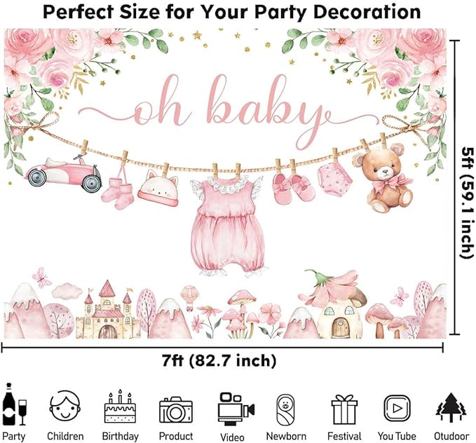 Sensfun Cute Clothes Baby Shower Backdrop Oh Baby Girl Pink Floral Adventure Photography Background It's A Girl Baby Shower Party Decorations Banner Supplies Photo Booth Props 7x5ft