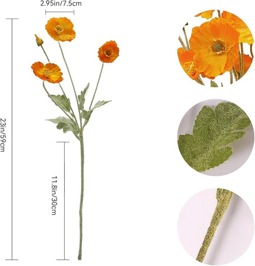 12PCS Orange Poppy Flowers Artificial 23" Real Touch Stems Faux Poppies Silk Flowers for Home Decor Indoor (Orange)