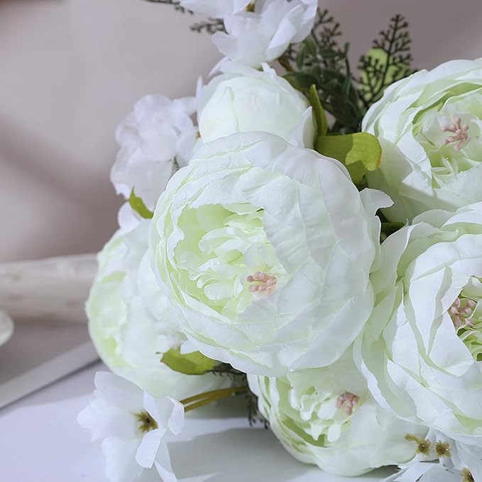 Duovlo Springs Flowers Artificial Silk Peony Bouquets Wedding Home Decoration,Pack of 1 (Spring White)