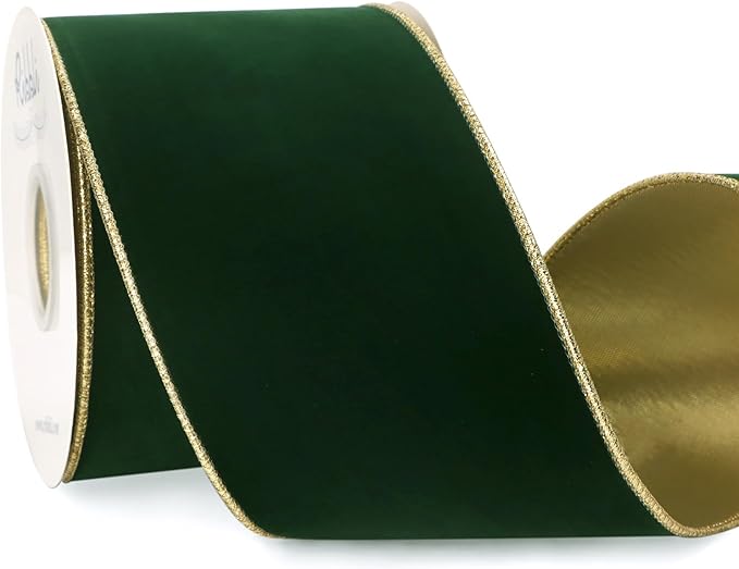 Ribbli Dark Green Velvet Wired Ribbon 4 Inch Luxury Matte Velvet Christmas Ribbon for Gift Wrapping Christmas Tree Decoration Crafts Wreaths Supplies - 10 Yards