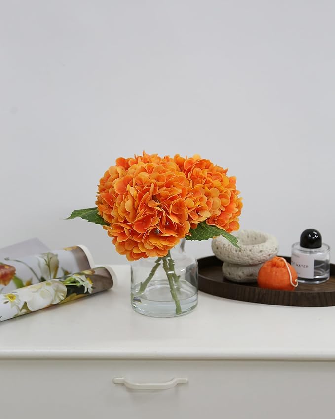 Lifelike Artificial Hydrangea Arrangement in Decorative Vase - Real Touch Fake Flowers for Home, Office, Bathroom or Water Bar Decor, Elegant Table Centerpiece (No Water Needed) (Orange)