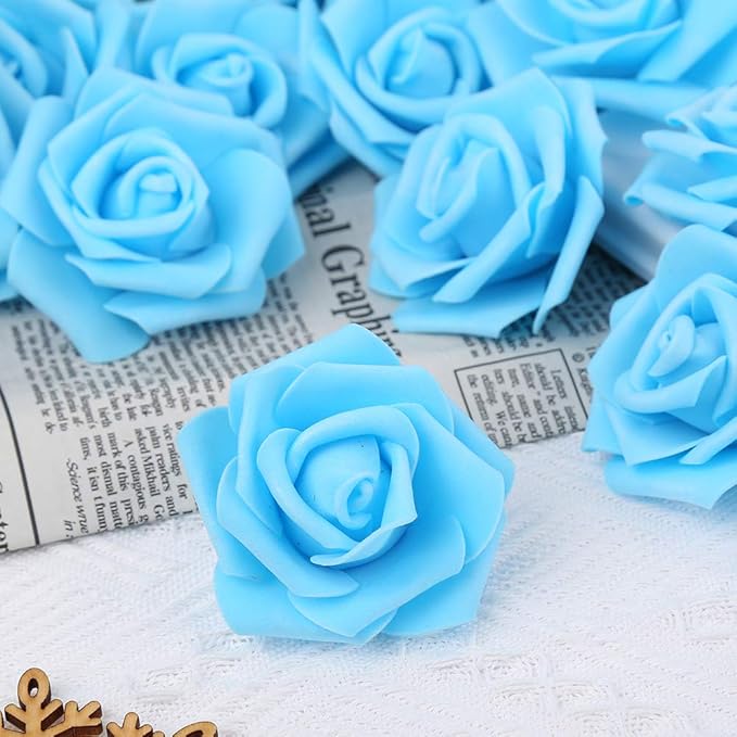 IPOPU Artificial Rose Flower Heads, 100 Pcs Real Looking Sky Blue Foam Fake Roses for DIY Wedding Baby Shower Centerpieces Arrangements Party Tables Home Decorations (Sky Blue, Stemless)