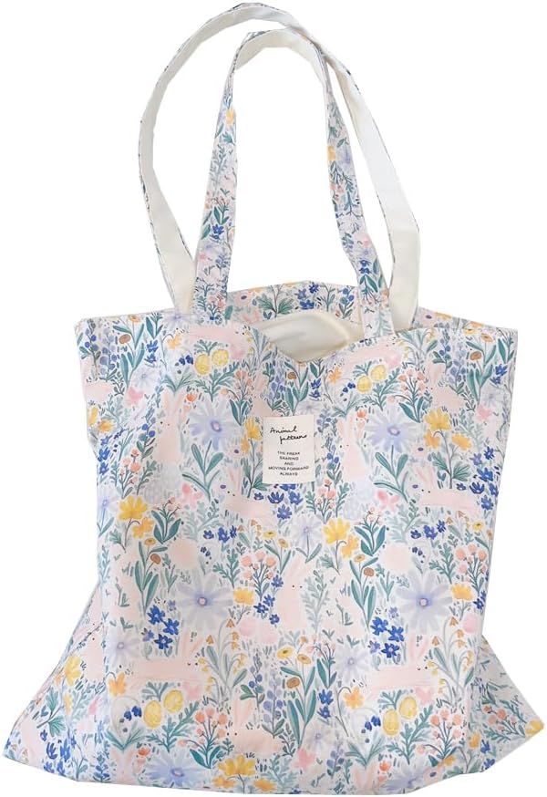 Cotton Canvas Tote Bag Reusable Soft Grocery Cloth Bag Floral Shoulder Bag for Beach Travel Shopping