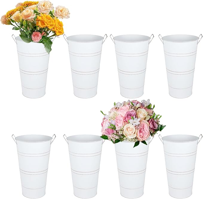 8pcs 12.8inch White Flower Holders for Flower Bar, Galvanized Flower Bucket, Metal Buckets for Party, Rustic Vases for Centerpieces, Floral Vase, Farmstand Supplies (White, 12.8inch Height)